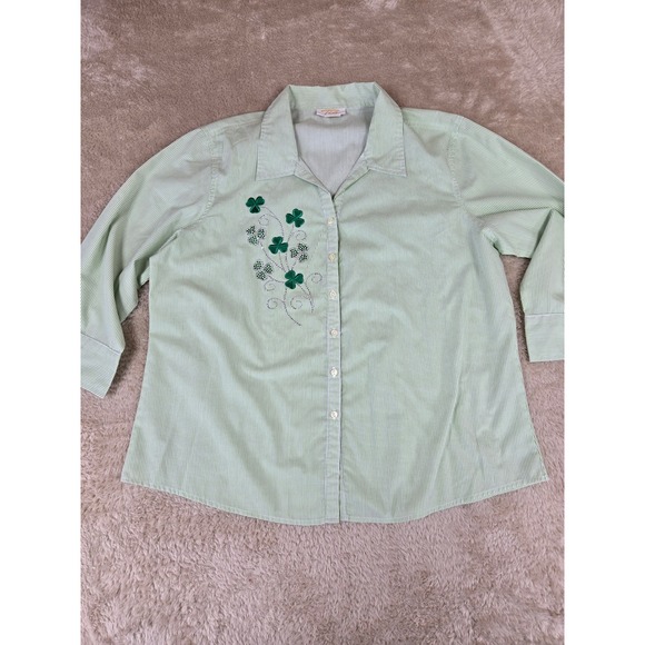 Tia Designs Tops - Vtg Tia Designs Green White Striped Button Down Shirt Clover Rhinestone Womens L
